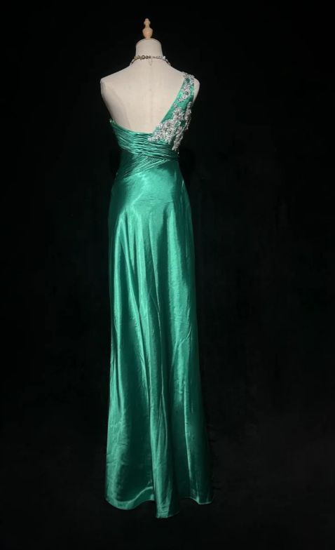 Chic One Shoulder Green Satin Beaded Appliques Long Party Gown Prom Dress SP219
