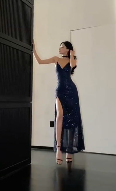Sexy Spaghetti Straps Navy Blue Sequin Slit A Line Party Gown Long Evening Dress SP256
