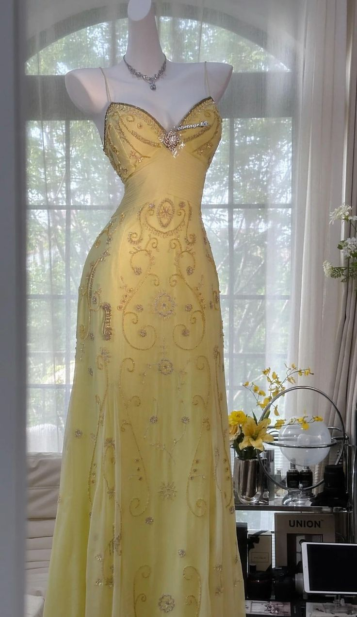 Sparkly Yellow Chiffon Beaded Prom Dress,Spaghetti Straops Backless Party Gown Evening Dress Y8718