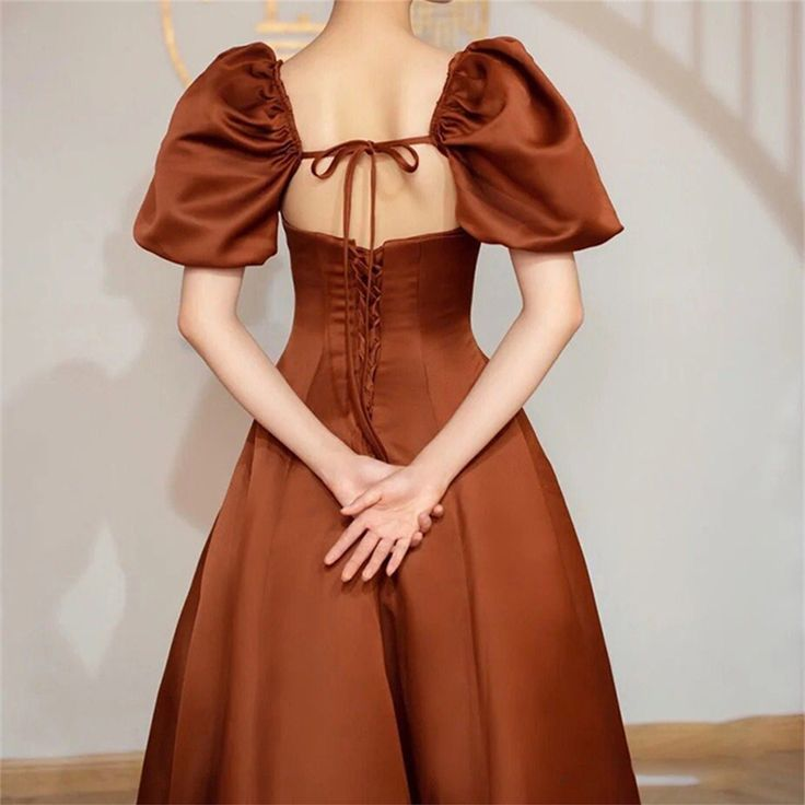 Coffee satin prom dress long Short puffy sleeve ball gown Square neck Fairy formal dress Y4962