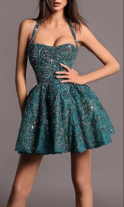 Vintage Halter Green Tulle Beaded ALine Formal Homecoming Dress Cocktail Dress Y9358