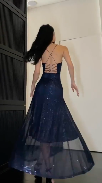 Sexy Spaghetti Straps Navy Blue Sequin Slit A Line Party Gown Long Evening Dress SP256