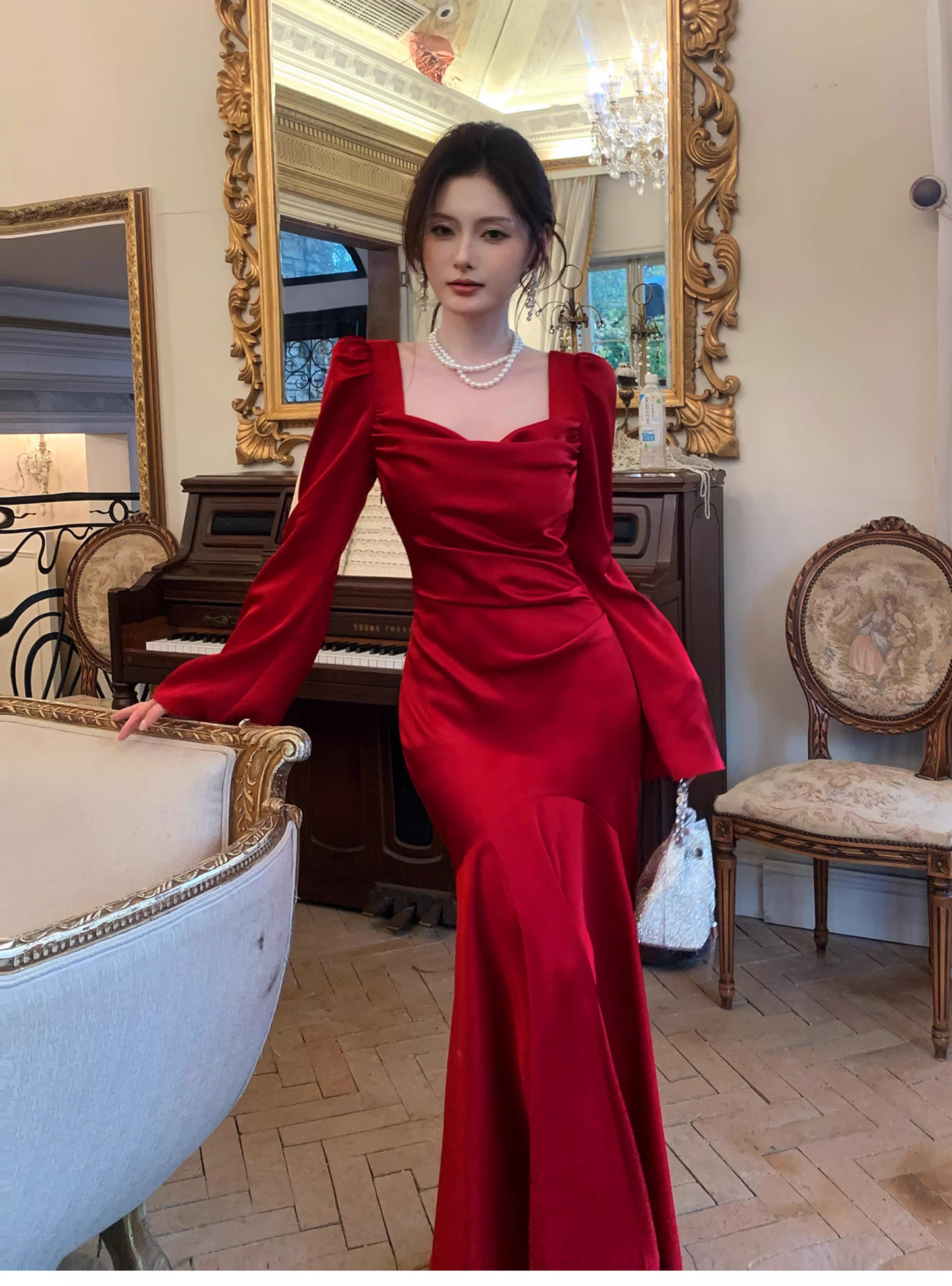 Chic Red Satin Mermaid Long Evening Dress Formal Birthday Prom Gowns SP1647