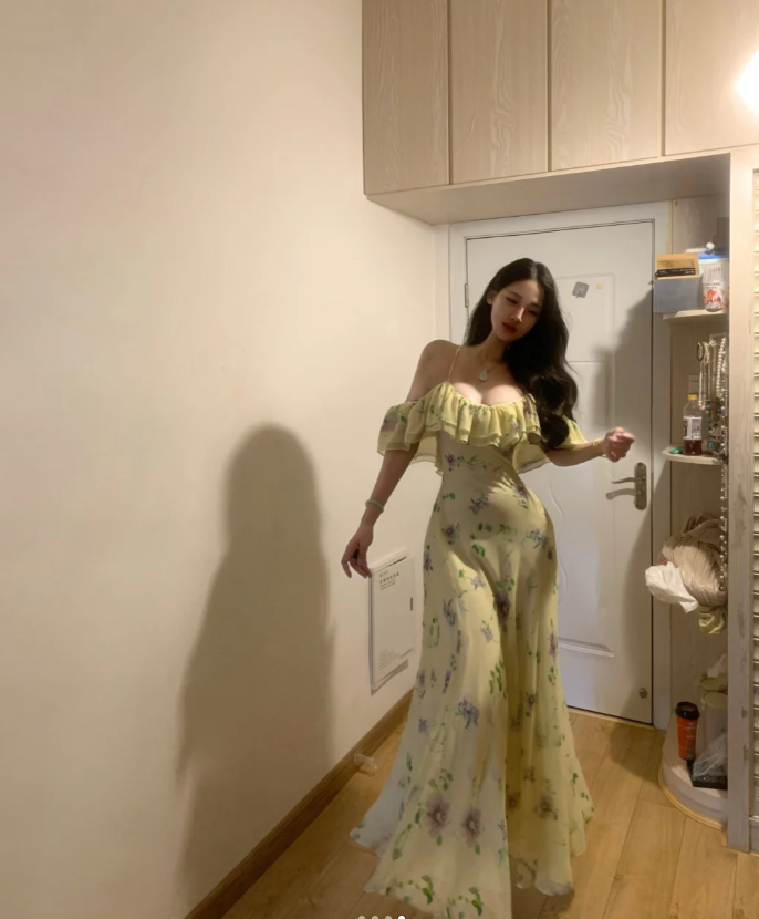 Beautiful Spaghetti Straps Green Chiffon Printed Floral Mermaid Party Dress Long Prom Gown SP294