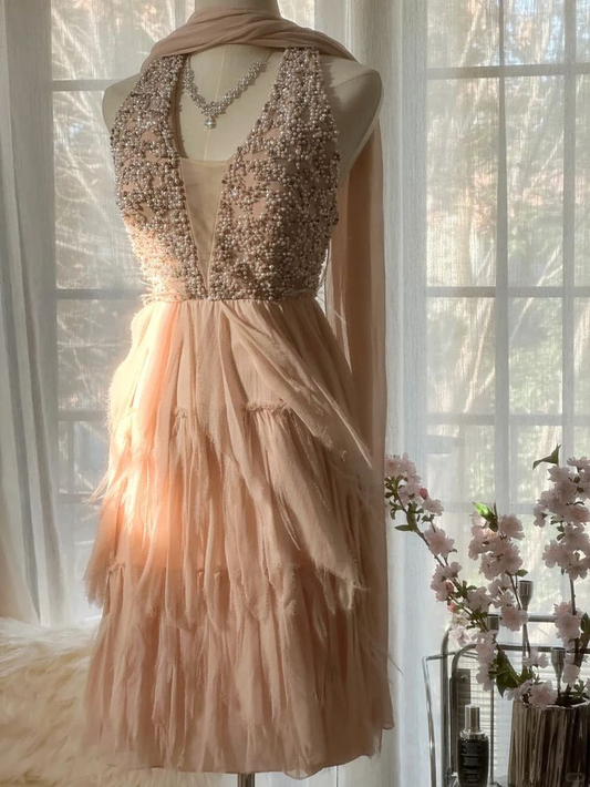Elegant Pink Halter Chiffon Beaded Backless Short 7th Grade Homecoming Dress Cocktail Dress Y9213
