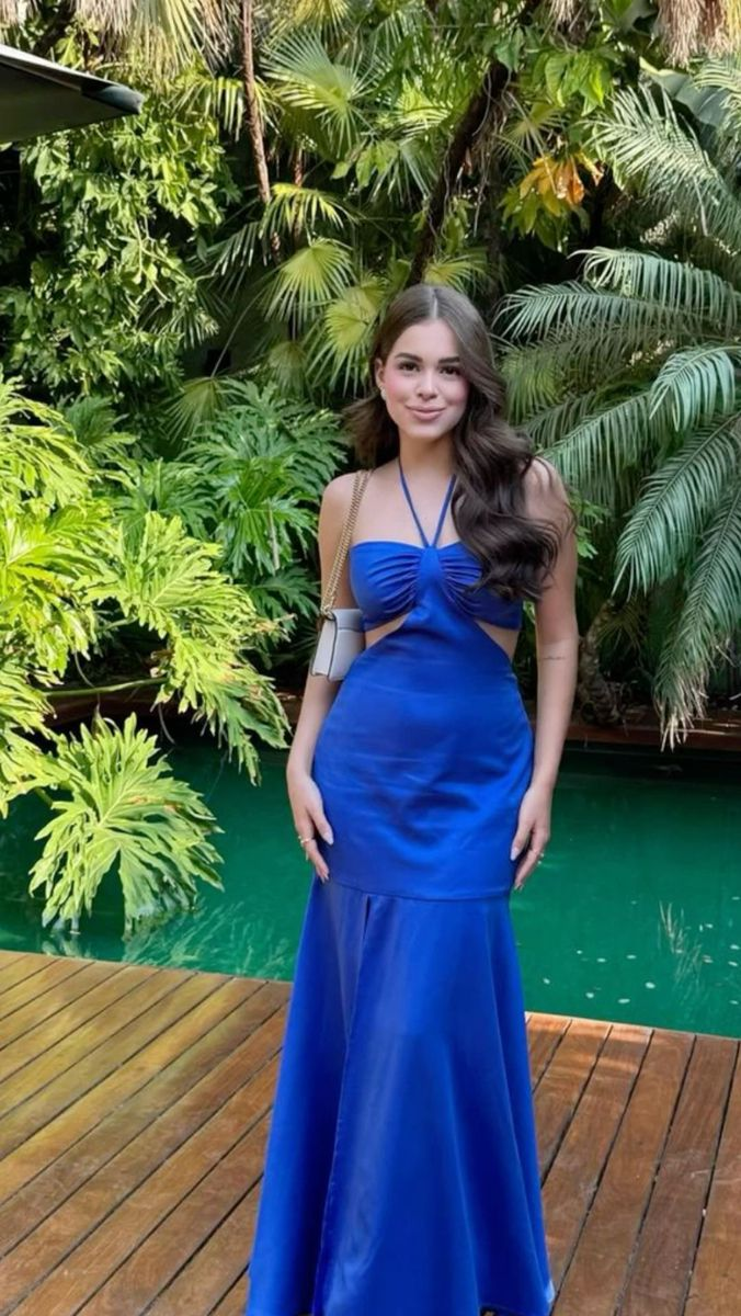 Stylish Blue Halter Satin Mermaid Long Party Dress Formal Wedding Guest Dress SP862