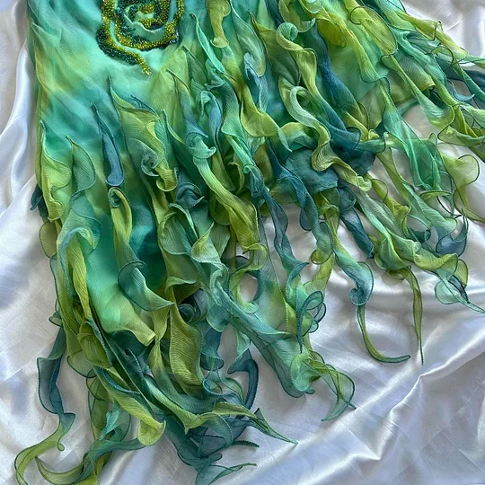 Unique Ombre Green Chiffon Ruffles Beaded Long Party Dress Evening Gowns Y9734
