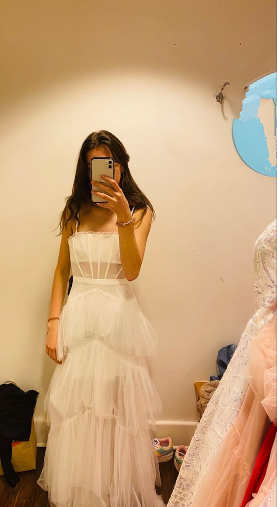 Elegant White Multi-layered Tulle Prom Dress,White Evening Dress Y6802
