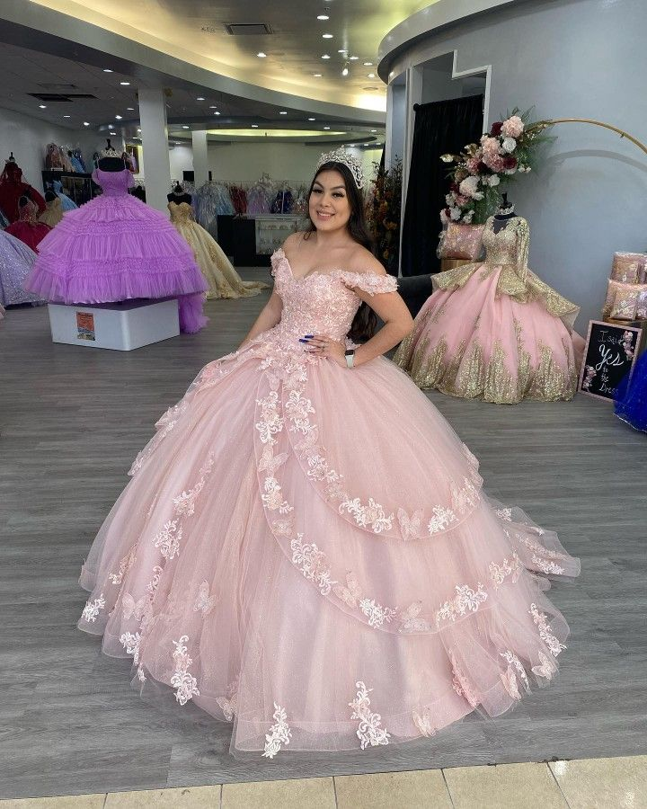 Off The Shoulder Pink Tulle Lace Ball Gown,Sweet 16 Dress Y2267