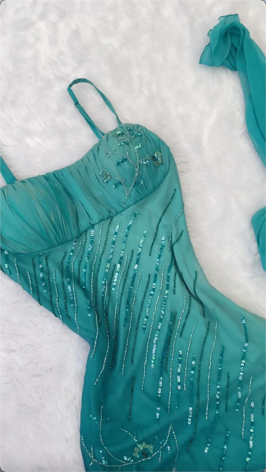 Unique Spaghetti Straps Ombre Blue Chiffon Beaded Mermaid Long Evening Dress Birthday Dress SP1806