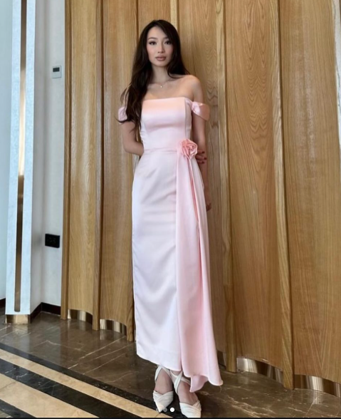 Sweet Pink Off The Shoulder Satin Long Bridesmaid Dress Birthday Outfits SP762