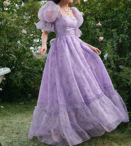 Classy Chiffon Print Floral Lavender A Line Prom Dress Long Evening Dress SP226