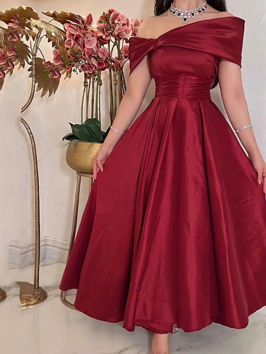 Dark Red Midi Prom Dresses Off Sleeves Ankle Length Arabic Dubai Formal Party Gowns Evening Gowns Y4620
