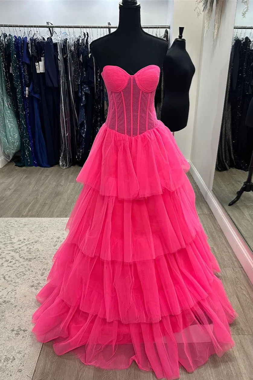 Hot Pink Strapless Layered Tulle A-line Long Prom Dress Y6224