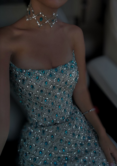 Gorgeous Strapless Blue Sequin Beaded Sheath Long Party Dress Formal Birthday Party Gown SP772