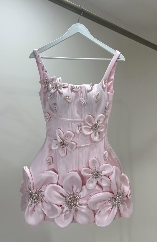 Charming Pink Spaghetti Straps Satin 3D Flower Sheath Short Homecoming Dress Cocktail Dress SP3056