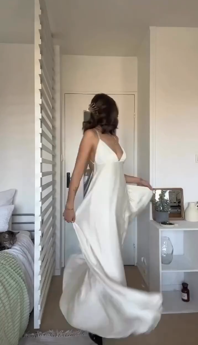 Simple Spaghetti Straps White Backless Satin A Line Bridesmaid Dress Long Guest Wedding Dress SP341