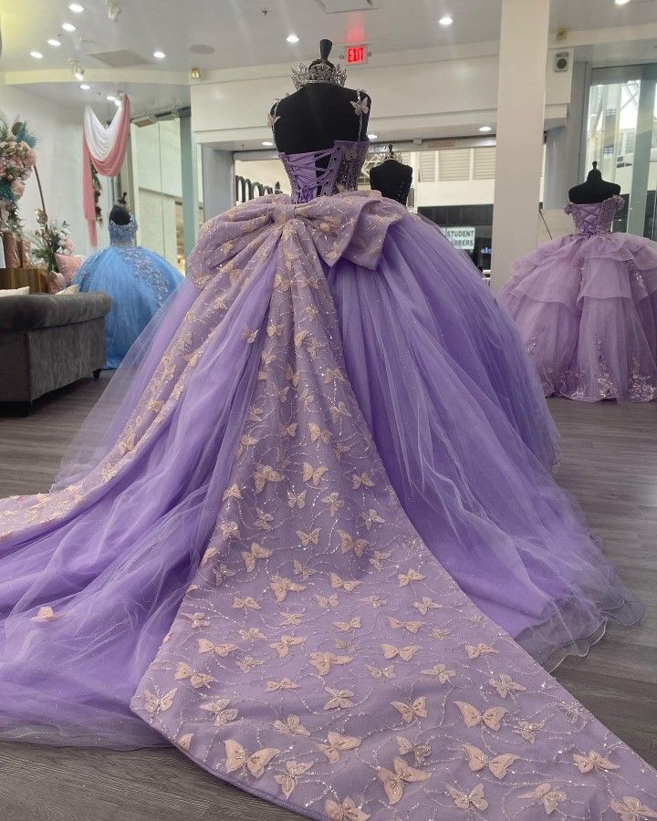 Purple Tulle Ball Gown With Butterflies,Sweet 16 Dress,Purple Princess Dress Y2270