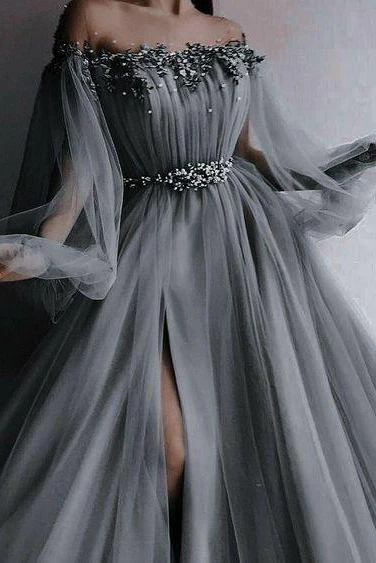 Gray Off The Shoulder Tulle Appliques Slit Prom Dress S23034