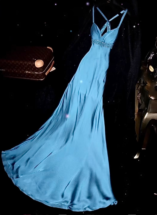 Classy Spaghetti Straps Blue Satin Beaded Mermaid Evening Dress Long Prom Gown SP711