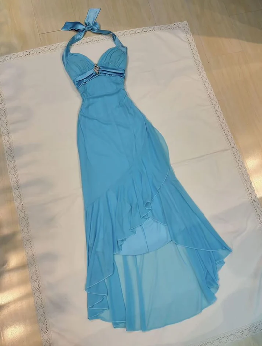 Charming Blue Halter Chiffon Sequins Prom Dress,Ruffles Mermaid Party Evening Dress Y8067