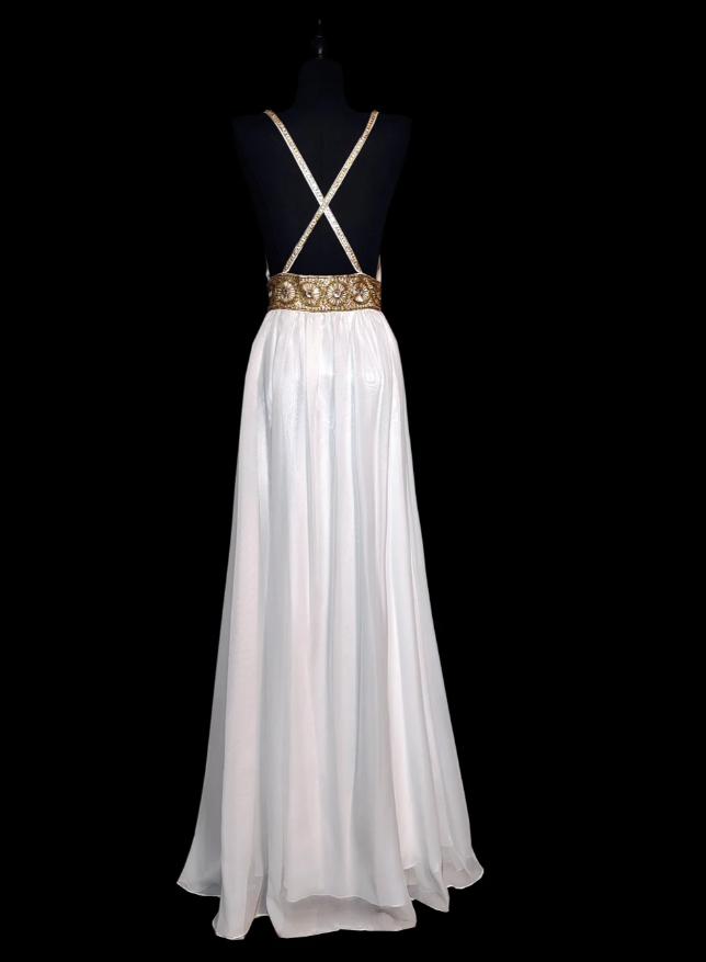 Classy Spaghetti Straps White Chiffon Beaded Evening Dress Backless Prom Gown SP477