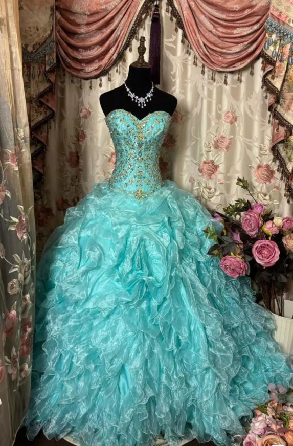 Vintage Green Beaded Tulle Pleated Ball Gown Green Formal Quinceanera Dress SP530