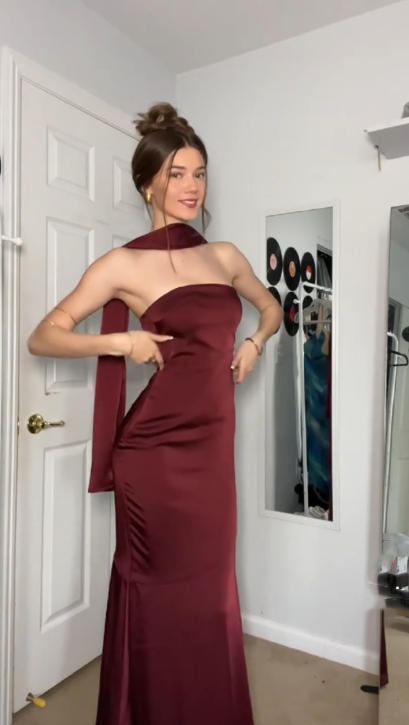 Classy Burgundy Satin Mermaid Long Prom Dress Party Gown With Ribbon SP234