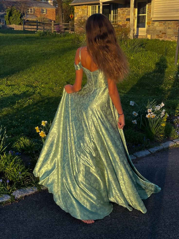 Unique Off The Shoulder Green Satin Print Floral A Line Long Evening Dress Prom Gown SP254