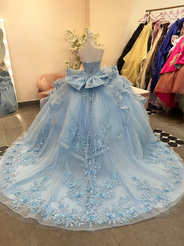 Pretty Strapless Blue Tulle Sequins Appliques Ruffles Tiered Bow Knot Sweet 15 Dress Quinceanera Dress SP571