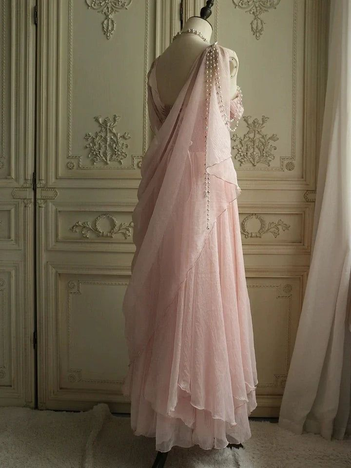 Pretty Pink Chiffon Sweetheart Spaghetti Straps Long Prom Evening Dress With Pearls Y8290