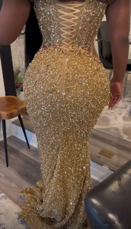 Luxurious Gold Sequins Appliques Evening Dress Mermaid Prom Dress Y7880
