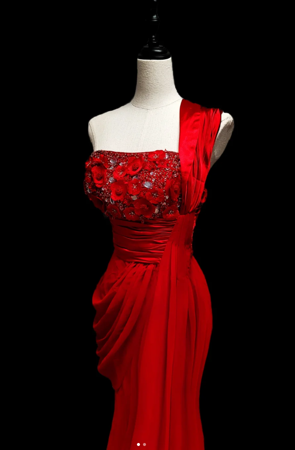 Red One Shoulder Satin Beaded Appliques Mermaid Prom Dress Beautiful Party Gown SP507