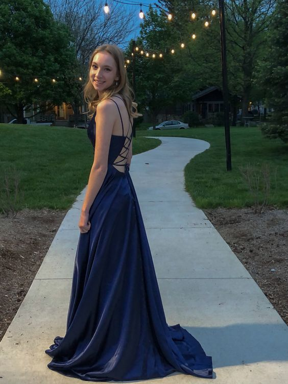 A-line Backless Prom Dress,Navy Blue Graduation Dress Y7449