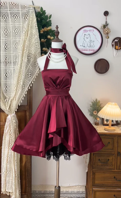Pretty Burgundy Satin Lace A Line Halter Homecoming Dress Cocktail Dress Y8881