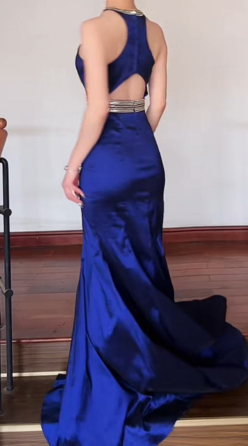 Gorgeous Navy Blue Satin Beaded Mermaid Prom Dress Backless Long Evening Dress SP436