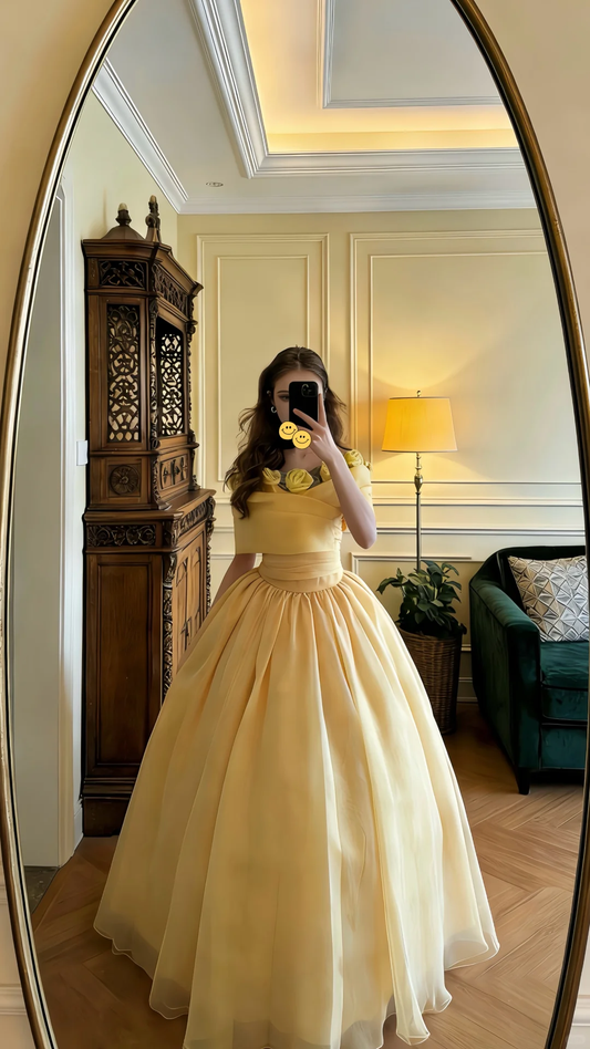 Cute Yellow Ball Gown Off The Shoulder Organza Birthday Quinceanera Dress Sweet 16 Dress With 3D Flowers SP2058