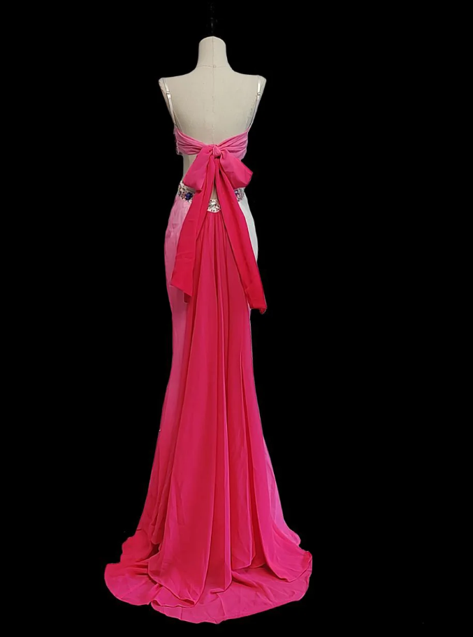 Unique Spaghetti Straps Ombre Pink Chiffon Sequin Beaded Mermaid Evening Dress Long Prom Gown SP440