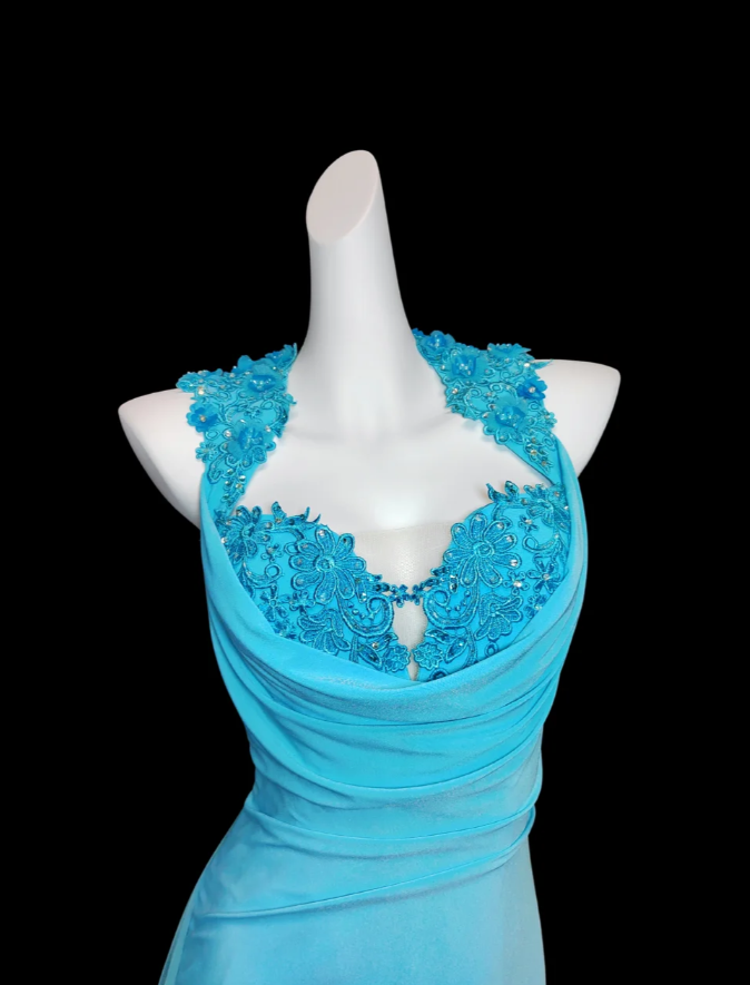 Elegant Blue Chiffon Beaded Appliques Mermaid Party Dress Long Prom Dress SP345