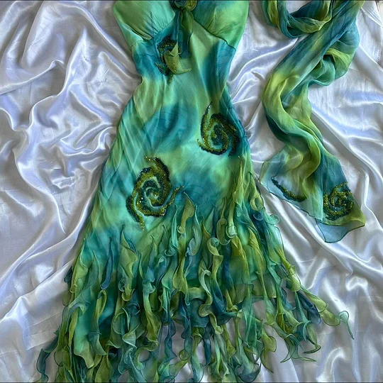 Unique Ombre Green Chiffon Ruffles Beaded Long Party Dress Evening Gowns Y9734