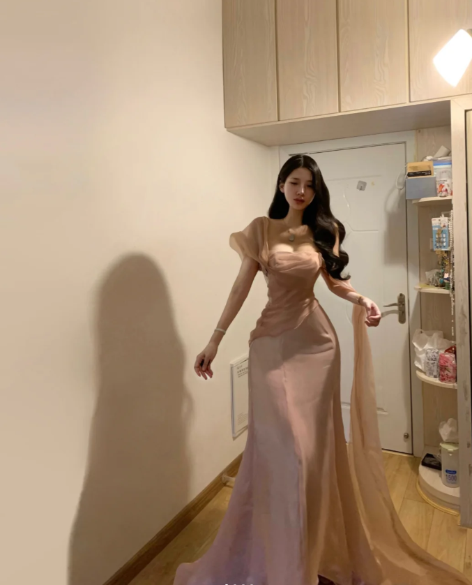 Elegant Pink Tulle Mermaid Long Party Gown Formal Guest Dress SP288