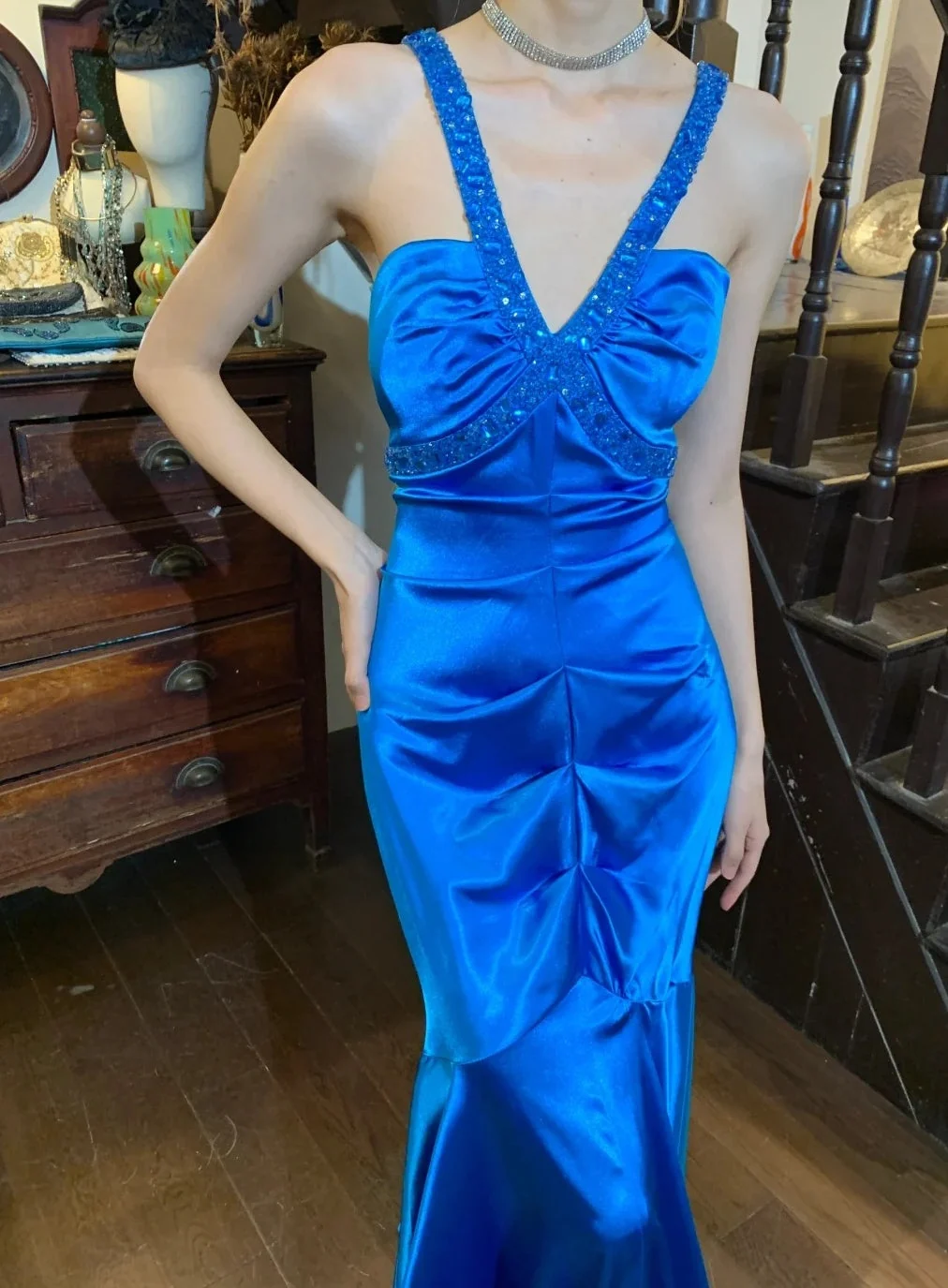 Stunning Prom Dress Royal Blue V-neck Pleated Mermaid Long Evening Dress SP3826