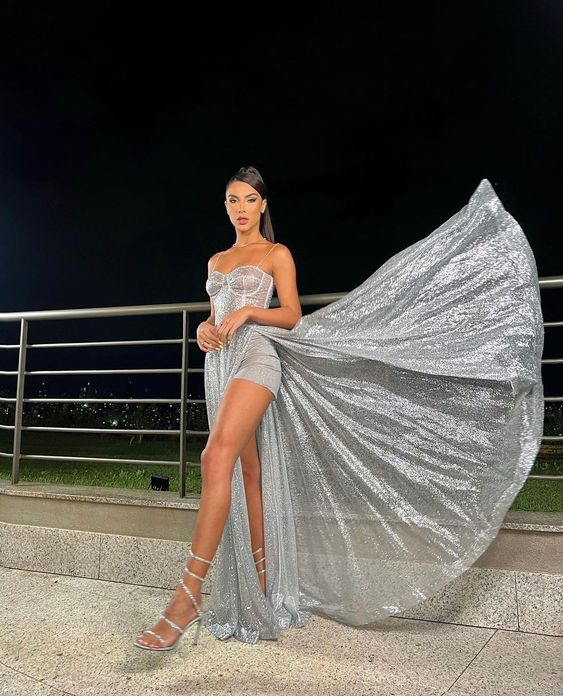 Beautiful Silver Straps Long Evening Dresses With Slit Y1024