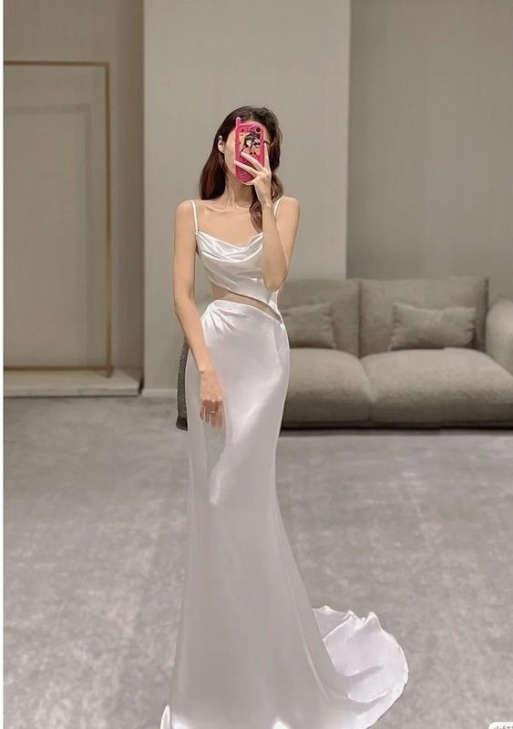 Classy White Spaghetti Straps Prom Dress,White Bridal Dress Y7187