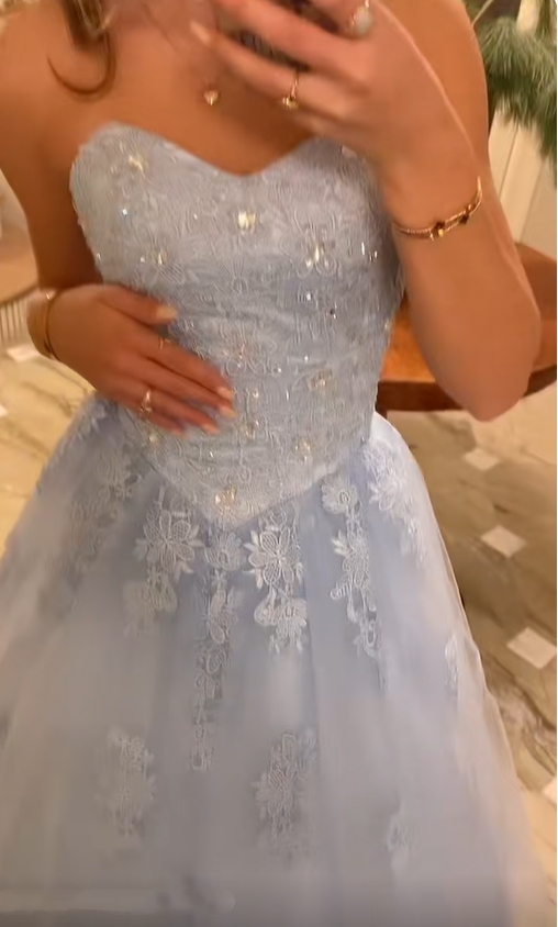 Fairy Blue Strapless Tulle Appliques Beaded A Line Long Prom Dress Birthday Party Dress SP2111