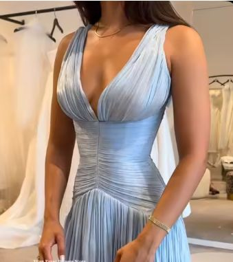 Elegant Blue Halter V-Neck Chiffon Evening Dress Formal Wedding Guest Dress SP395