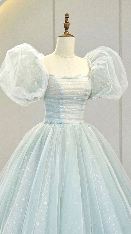 A-Line Puff Sleeves Blue Long Prom Dress, Tulle Formal Evening Dress Y2932