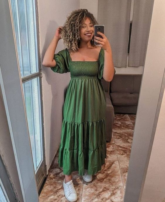 Chic Green A-line Puffy Sleeves Prom Dress Y5820