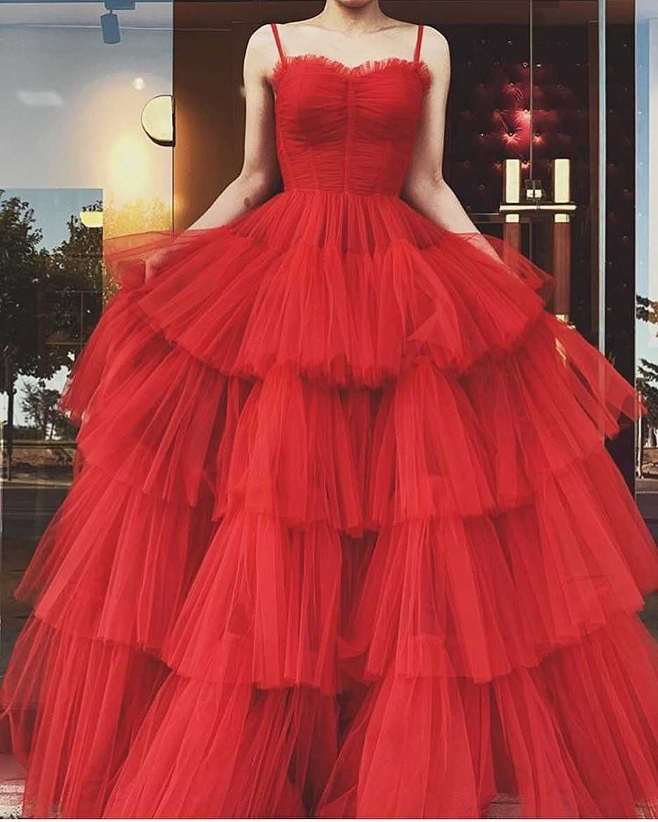 A-line Spaghetti Straps Red Tulle Tiered Prom Dress,Red Evening Gown Y4644