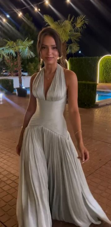 Elegant Blue Halter V-Neck Chiffon Evening Dress Formal Wedding Guest Dress SP395